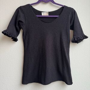 Atelier Delphine Frilled Sleeve Black Scoop Neck Textured Blouse Tee Size Small